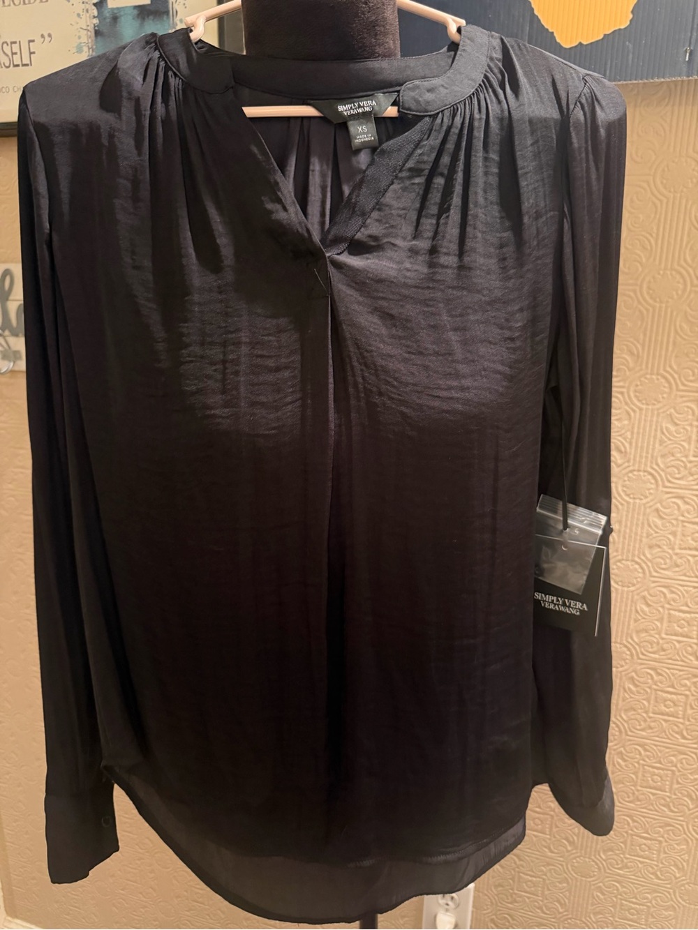 Simply Vera Vera Wang Black Long-Sleeve Pleated Neck Blouse